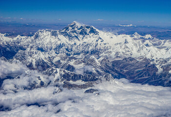 Fototapeta na wymiar Himalaya, Mount Everest, seen from the plane when flying to Bhutan. 