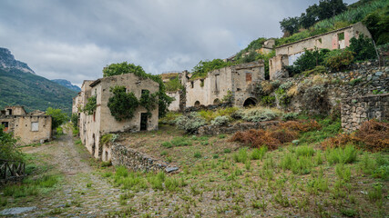 Fototapeta na wymiar Ruins of the abandoned ghost town Gairo Vecchio, Sardinia, Italy