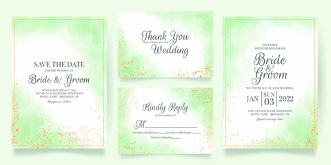 watercolor creamy wedding invitation card template set with golden floral decoration 