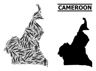 Syringe mosaic and solid map of Cameroon. Vector map of Cameroon is organized of vaccine doses and men figures. Abstraction is useful for treatment templates. Final win over coronavirus.