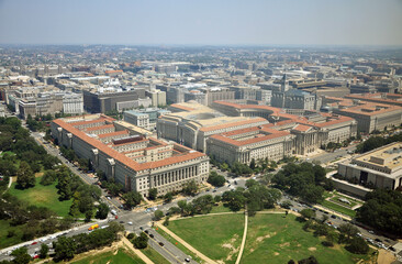 US Commerce Department, Andrew W Mellon Auditorium, Ronald Reagan Building and Old Post Office in Federal Triangle aerial view from the top of Washington Monument, Washington, District of Columbia DC,