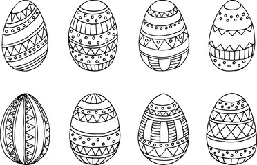 Hand-drawn doodle Easter eggs outline with geometric pattern of zigzag, lines, dots and circles black and white version