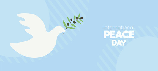 International Peace day flying white dove holds olive tree branch in blue sky cartoon vector