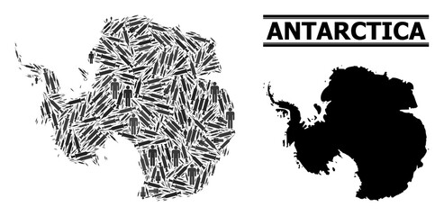 Covid-2019 Treatment mosaic and solid map of Antarctica. Vector map of Antarctica is composed of vaccine doses and human figures. Illustration is useful for medical purposes.