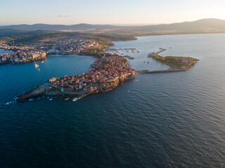 Aerial sunset view of old town of Sozopol, Bulgaria