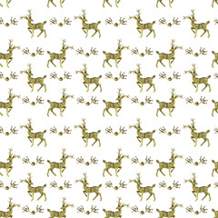 Obraz na płótnie Canvas A seamless pattern, golden Christmas deer and a golden twig with balls on a white background.