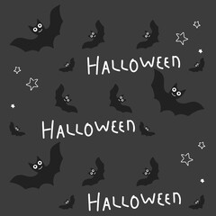 Halloween vector image of night sky with stars full of scary creepy bats with round eyes on a grey background