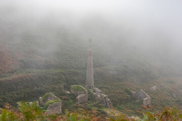 Old tin mine in thick fog