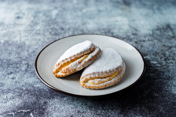 Cottage cheese cookies sochnik with powdered sugar on a plate