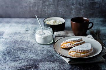 Cottage cheese cookies sochnik with powdered sugar on a plate