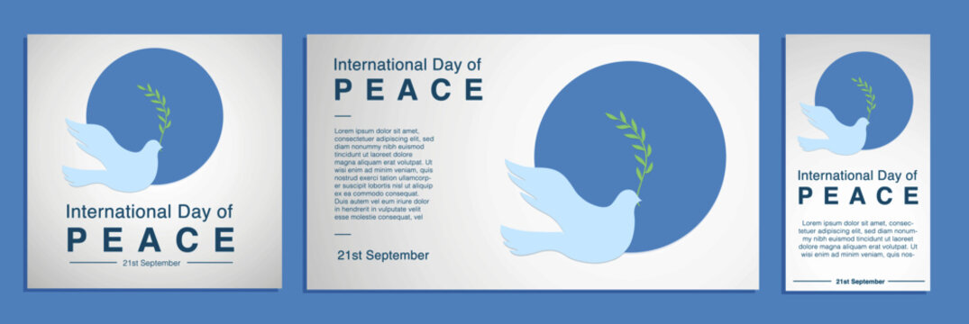 International day of peace card with white dove with leaf on blue circle world background vector design. World Peace Day, Peace logo vector design set. 21st September.