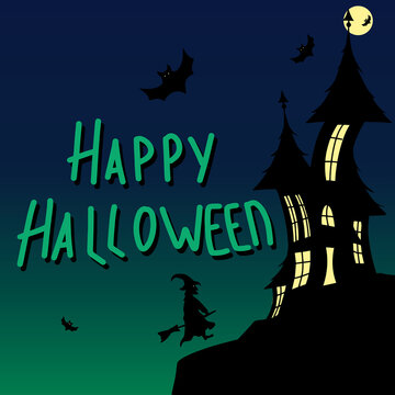 Halloween vector image of night sky with bats and fool moon on witch flyes a creepy silhuette of yellow eyed witch on a broom and a scary castle on background