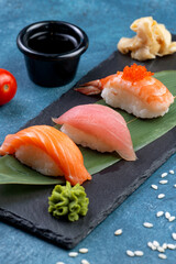 Classic sushi. with salmon, tuna and shrimp