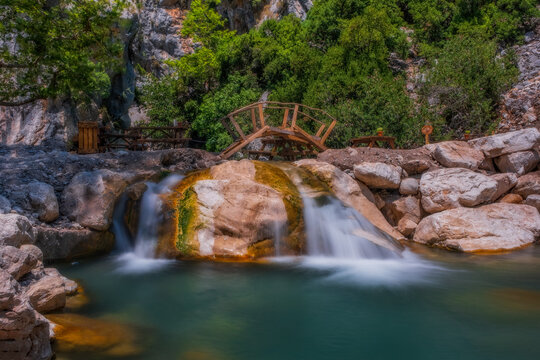 Little waterfall in Goynuk Canyon, Famous tourist place in Turkey. Long exposure picture, august 2020