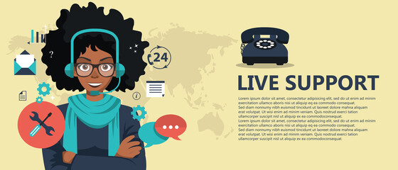 Live support banner. Business customer care service concept. Icons set of contact us, support, help, phone call and website click. Flat vector illustration.