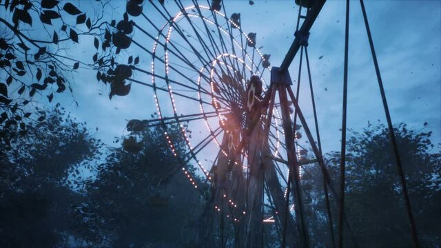 Abandoned Ferris wheel in an amusement Park in a deserted city. The concept of a post-apocalyptic world after a nuclear war.