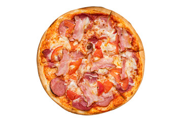 Ham and sausage pizza on white background. Recipe and menu. Top view. Delicious, flavorful pizza isolated on white background