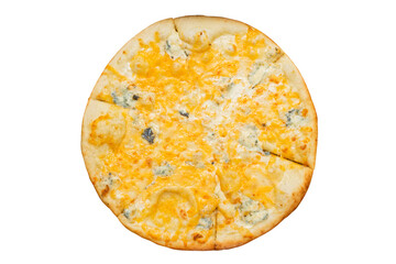 Delicious pizza Four Cheeses with cheddar, parmesan, mozzarella isolated on white. Pizza Margarita top view