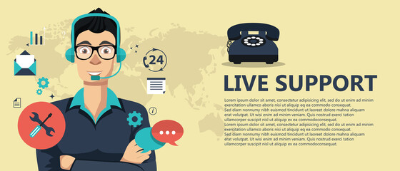 Live support banner. Business customer care service concept. Icons set of contact us, support, help, phone call and website click. Flat vector illustration.