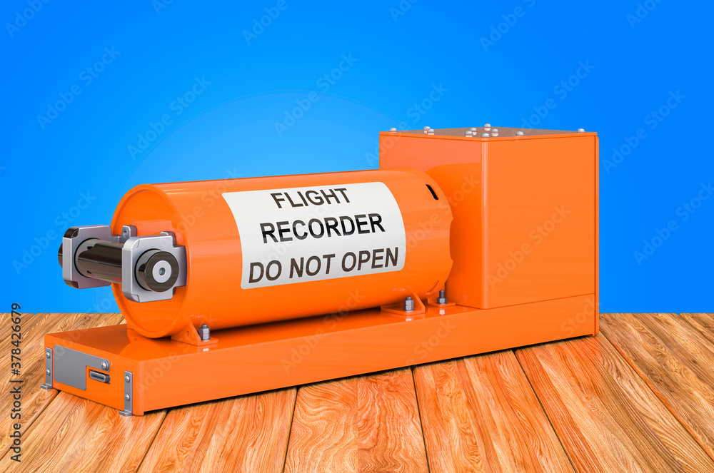 Poster flight data recorder, black box on the wooden table. 3d rendering