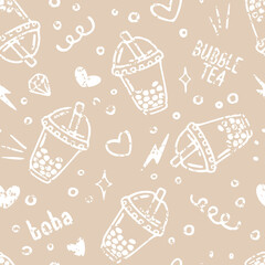 Vector seamless pattern with bubble tea in plastic cups and doodles. Popular drink with tapioca pearls. Chalk texture