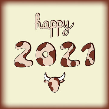 Happy 2021 congratulations card. Vector hand drawn spotted cow logo with text and numbers. New year of the bull