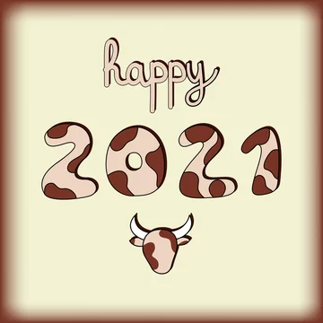 Happy 2021 congratulations card. Vector hand drawn spotted cow logo with text and numbers. New year of the bull