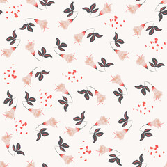 Simple vector floral seamless pattern. Abstract background with small flowers, leaves. Liberty style wallpapers. Ditsy texture. Folk style painting in pastel colors. Repeat design for decor, fabric