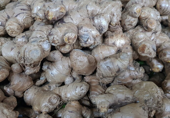pile of ginger in vegetable market for sale