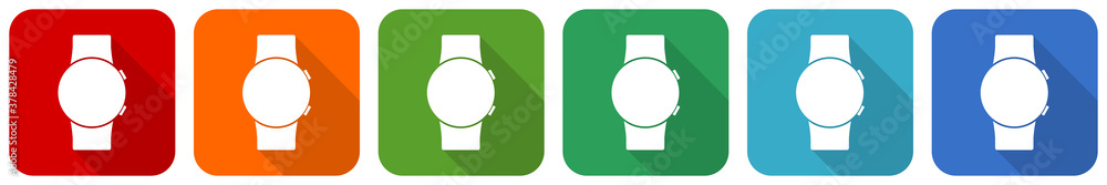 Aufkleber smartwatch, smart watch icon set, flat design vector illustration in 6 colors options for webdesign 