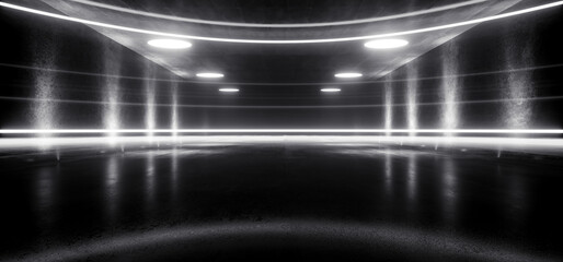 Glossy Stage Podium Neon Laser White Alien Modern Sci Fi Futuristic Dark Spaceship Empty Warehouse Metal Showcase Virtual Reality 3D Rendering