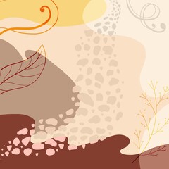 Abstract autumn background with leaves and spots. Fall mood. Digital hand drawn pattern.