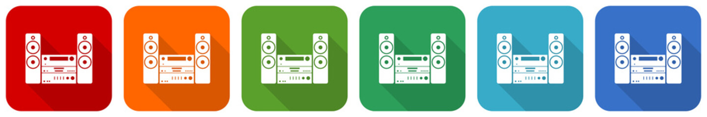 Music, stereo equipment icon set, flat design vector illustration in 6 colors options for webdesign and mobile applications
