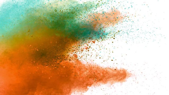 Super slow motion of coloured powder collision isolated on white background. Filmed on high speed cinema camera, 1000fps.
