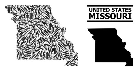 Covid-2019 Treatment mosaic and solid map of Missouri State. Vector map of Missouri State is designed with inoculation icons and men figures. Abstraction is useful for outbreak aims.