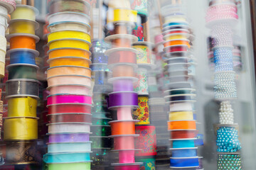 Closeup of a window of a habersdashery