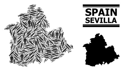 Fototapeta premium Vaccine mosaic and solid map of Sevilla Province. Vector map of Sevilla Province is formed of vaccine symbols and people figures. Template is useful for medical templates.
