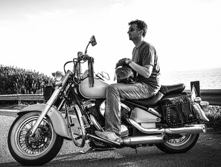 Biker and classic motorcycle parked in black and white