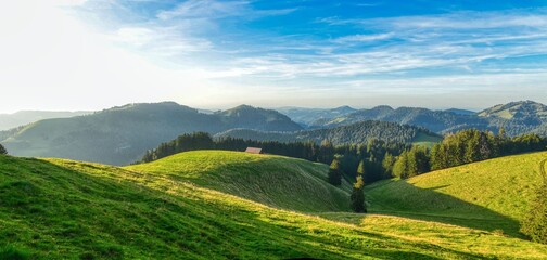 Panorama Tössstock, hills landscape, Hügel,  swiss hilly landscape on a beautiful summer evening