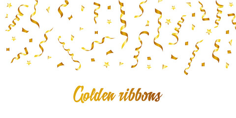 Golden Confetti And Ribbons Isolated On white Background. Holiday background for party posters, christmas, new year cards. Vector illustration.