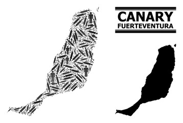 Covid-2019 Treatment mosaic and solid map of Fuerteventura Island. Vector map of Fuerteventura Island is designed of vaccine symbols and men figures. Abstraction is useful for health care templates.