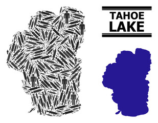 Covid-2019 Treatment mosaic and solid map of Tahoe Lake. Vector map of Tahoe Lake is organized with vaccine symbols and people figures. Collage for political ads. Final win over Covid-2019.
