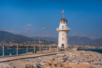 Lighthouse in Alanya, Antalya district, Turkey, Asia. Popular tourist destination. Long exposure...