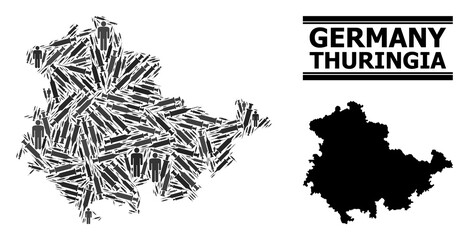 Covid-2019 Treatment mosaic and solid map of Thuringia State. Vector map of Thuringia State is constructed of syringes and people figures. Collage for medical posters. Final solution over Covid-2019.