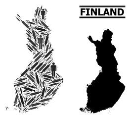 Vaccine mosaic and solid map of Finland. Vector map of Finland is designed with vaccine doses and human figures. Abstraction designed for health care templates. Final solution over asian flu.