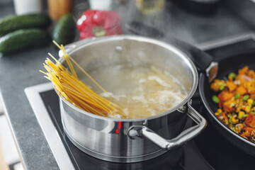 Boiling pasta spaghetti in pot