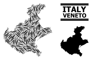 Covid-2019 Treatment mosaic and solid map of Veneto region. Vector map of Veneto region is done with inoculation icons and human figures. Illustration is useful for safety aims.