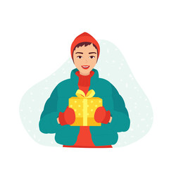 Young happy unisex teenager holding a gift box. Concept for new year christmas greetings, cards, invitations with transgender, genderqueer. Online ordering and delivery of gifts. Vector illustration