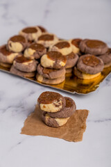 vanilla chocolate and quince cookies on marble