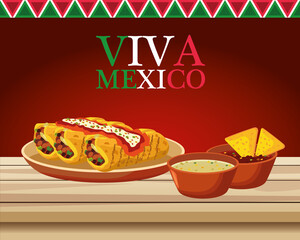 viva mexico lettering and mexican food poster with burritos and sauces